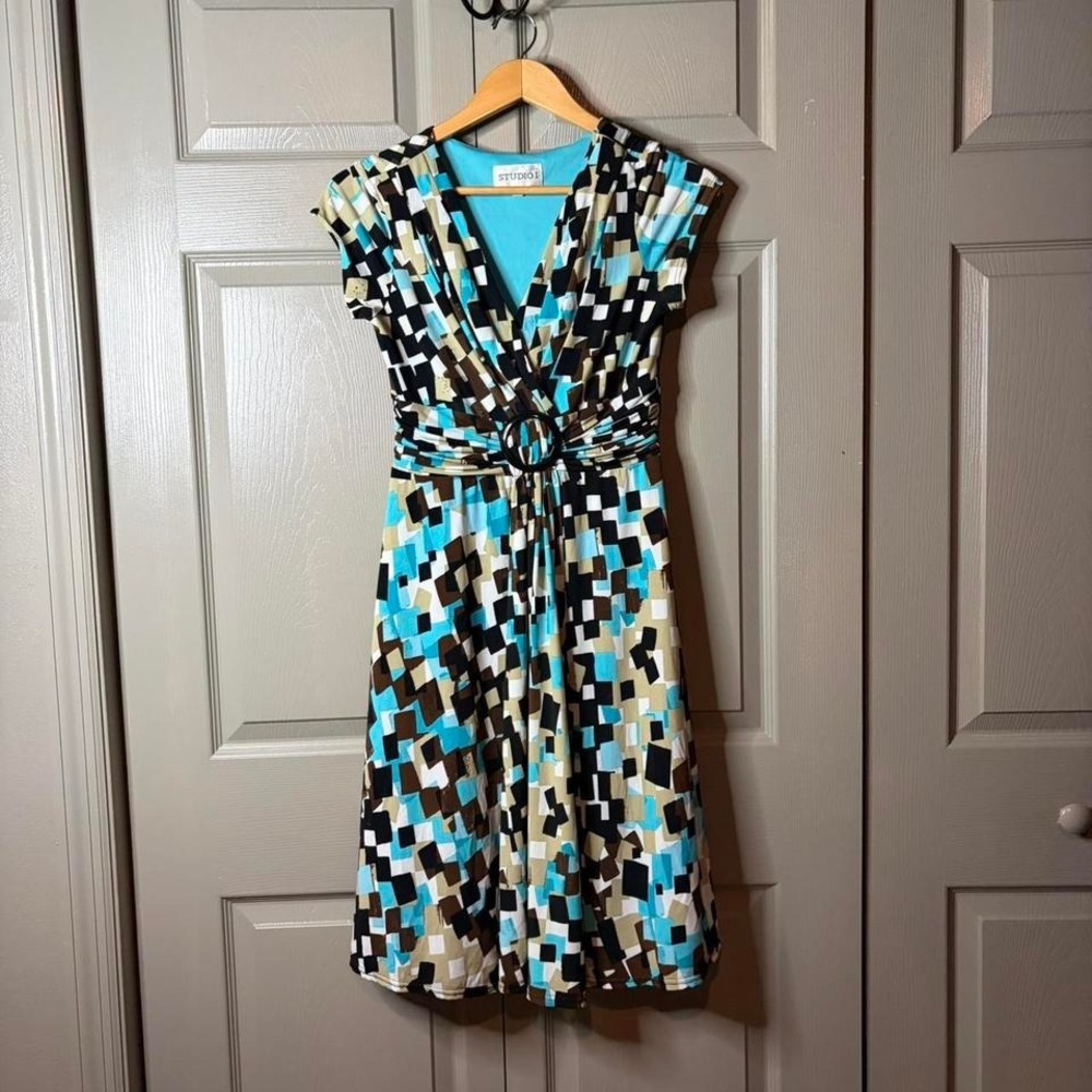 Y2K brown geometric midi dress Size 8 summer preppy fairy festival cottagecore